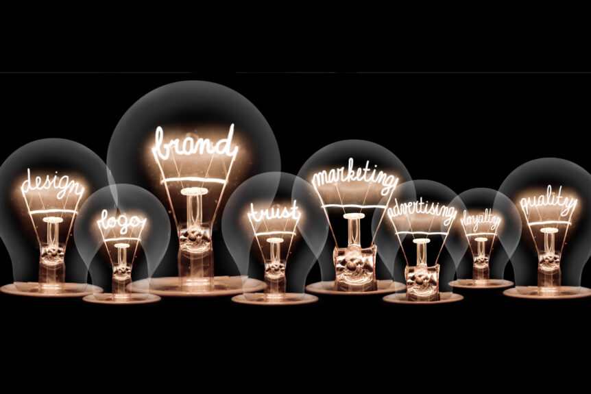 Images of lightbulbs with marketing text inside